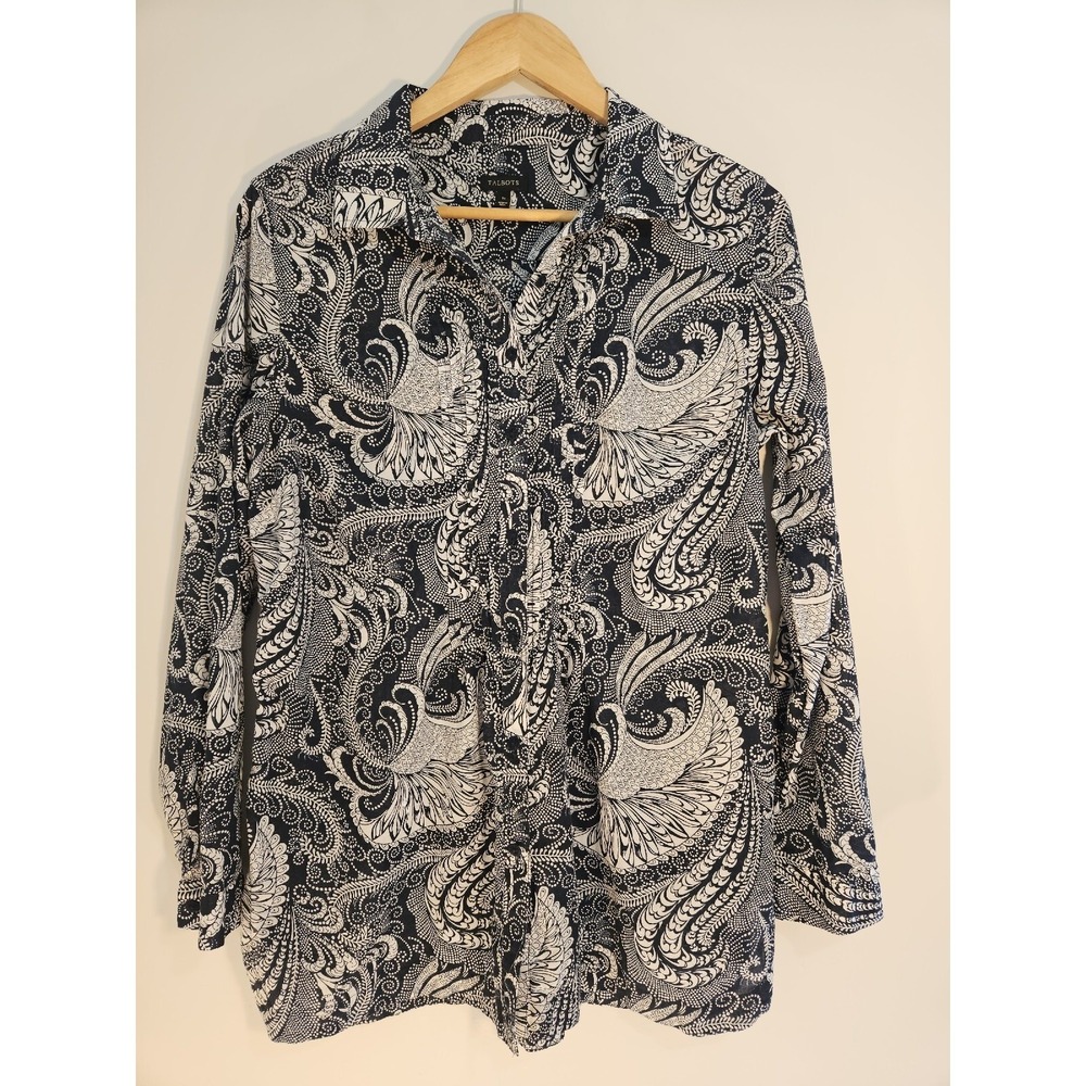 Talbots Womens Medium Navy Blue White Paisley Pintuck Cotton Button Down Shirt